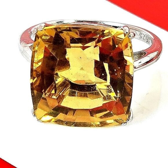 925 Sterling Silver Ring Sz with Natural Cusion-Cut Citrine 15x15mm Gemstone. - Picture 1 of 12